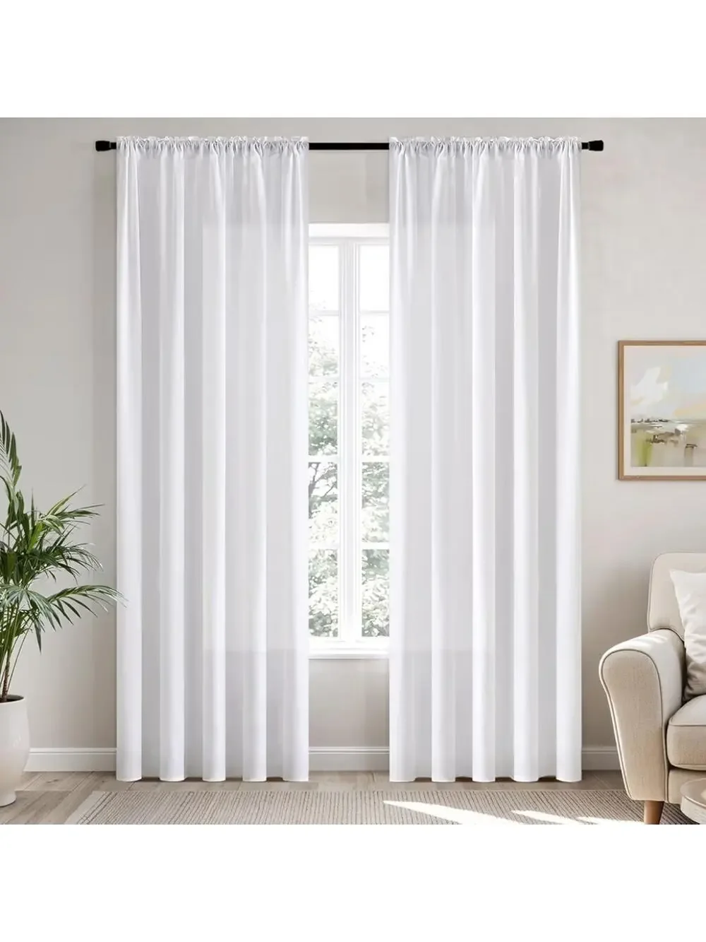 White Privacy Sheer Curtains, Light Filtering Drapes, 2 Panels Set 42 X 90